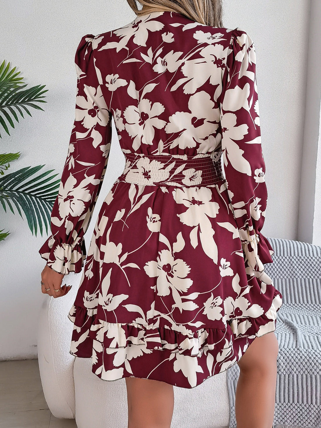 Feminine Lilac Ruffled Printed Long Sleeve Dress Summer Cute Midi Dress