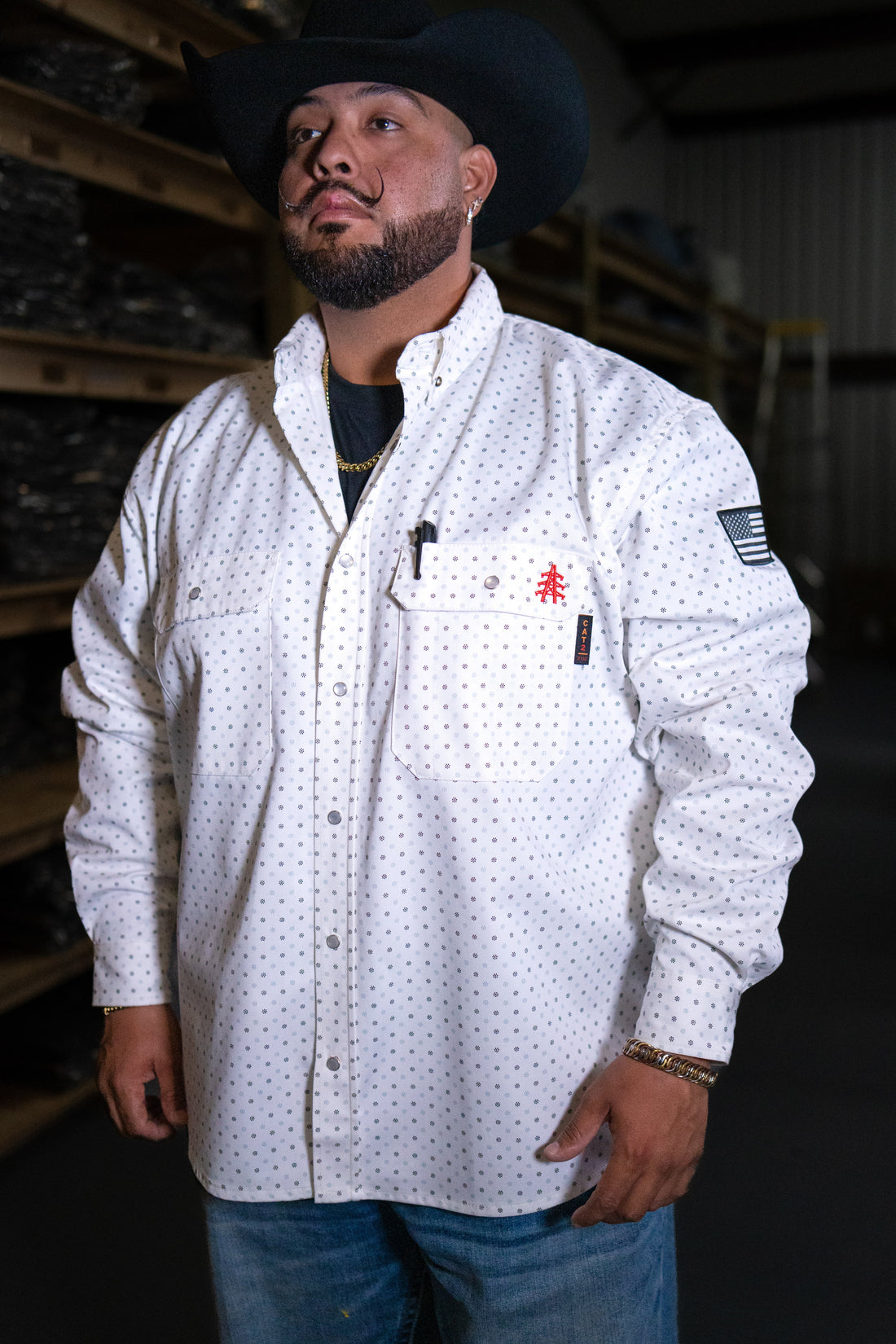 FR Pearl Snap Work Shirt - Phantom White - With U.S Flag