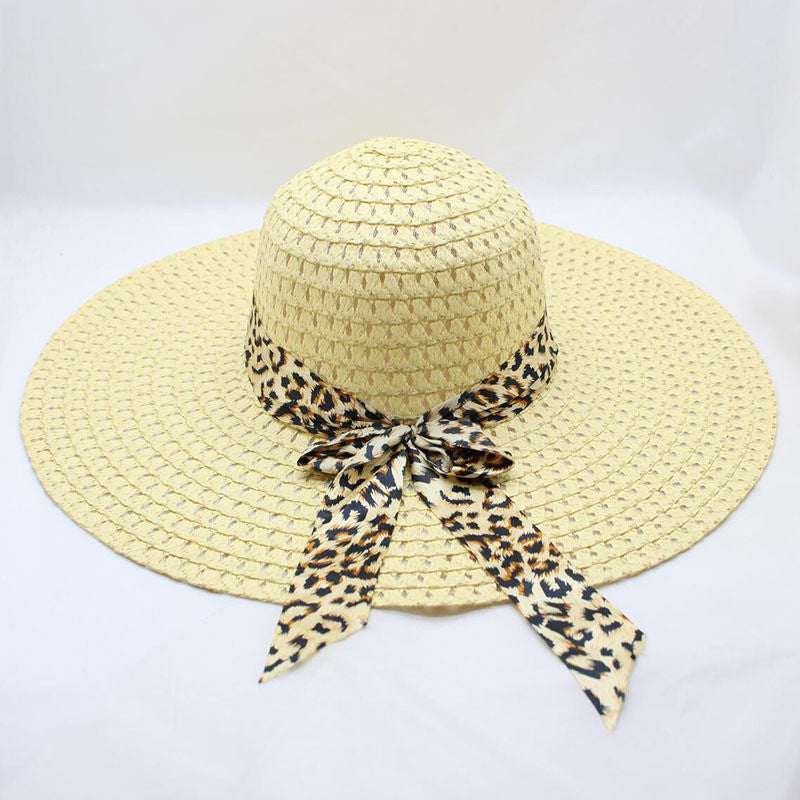 Women’s Large Brim Beach Straw Hat with Bow and Streamer