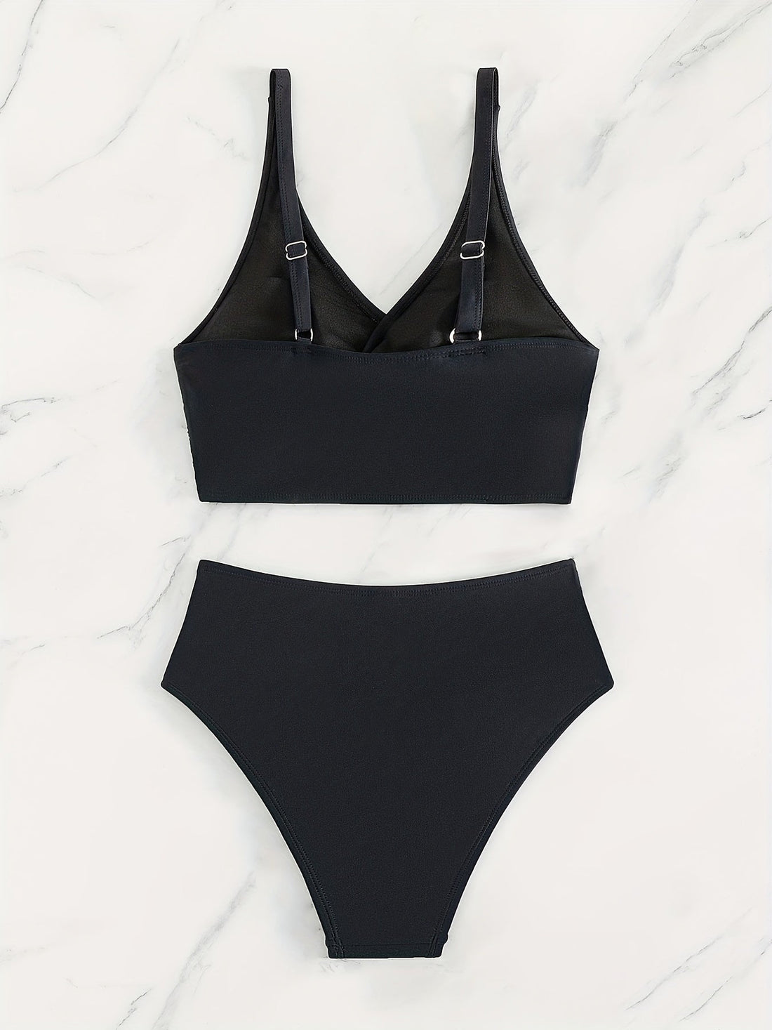 Bikini Solid Black Twist Front High Waist 2 Piece Swimsuit for Women – Stretchy V Neck Bikini Set with Ruched Tummy Control and Cross Strape Detail – Quick Drying Polyamide Swimwear for Beachwear Poolside and Summer Travel