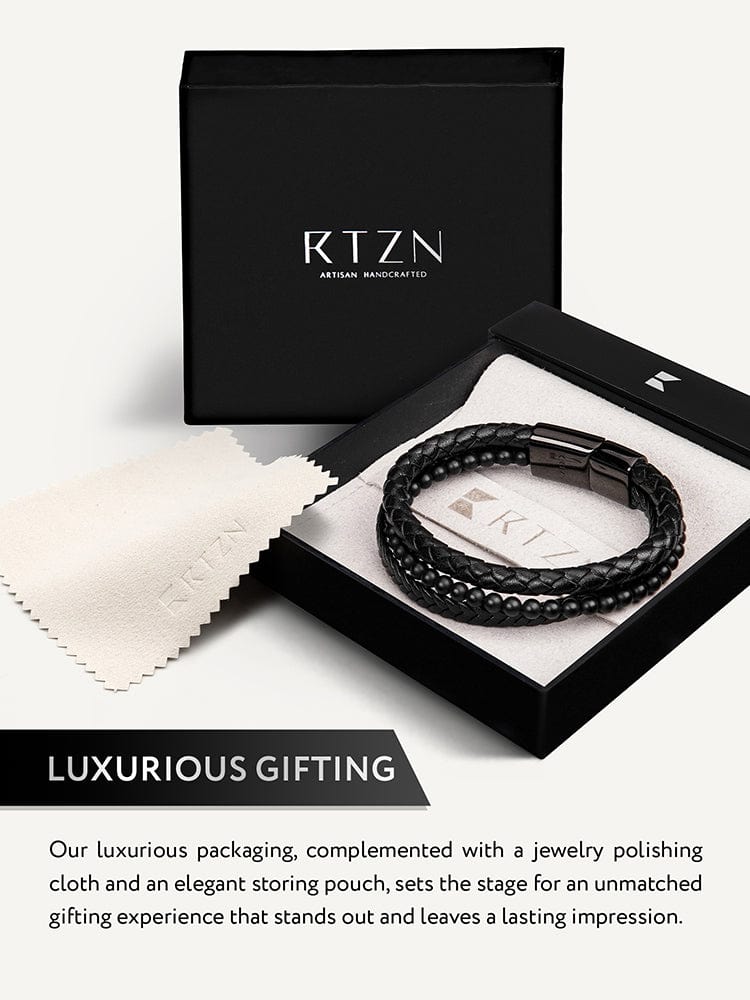Stacked Black Leather & Black Onyx Bead Bracelet