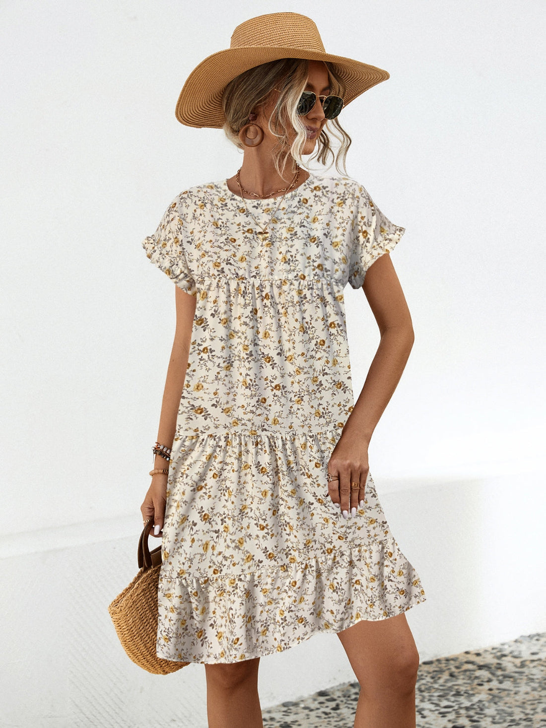 Floral Round Neck Short Sleeve Dress Elegant & Effortless Everyday Style Women Dress