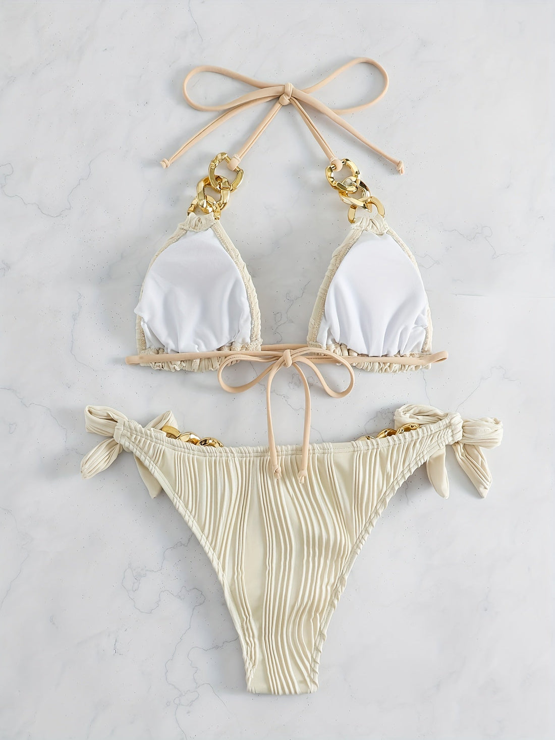 Bikini Ruched Texture Golden Chain 2 Piece Triangle Swimsuit for Women – Striped Halter Bikini Set with Bow Tie Side and Elegant Ring Link Detail – Stretchy Beachwear for Pool Bathing and Summer Vacations
