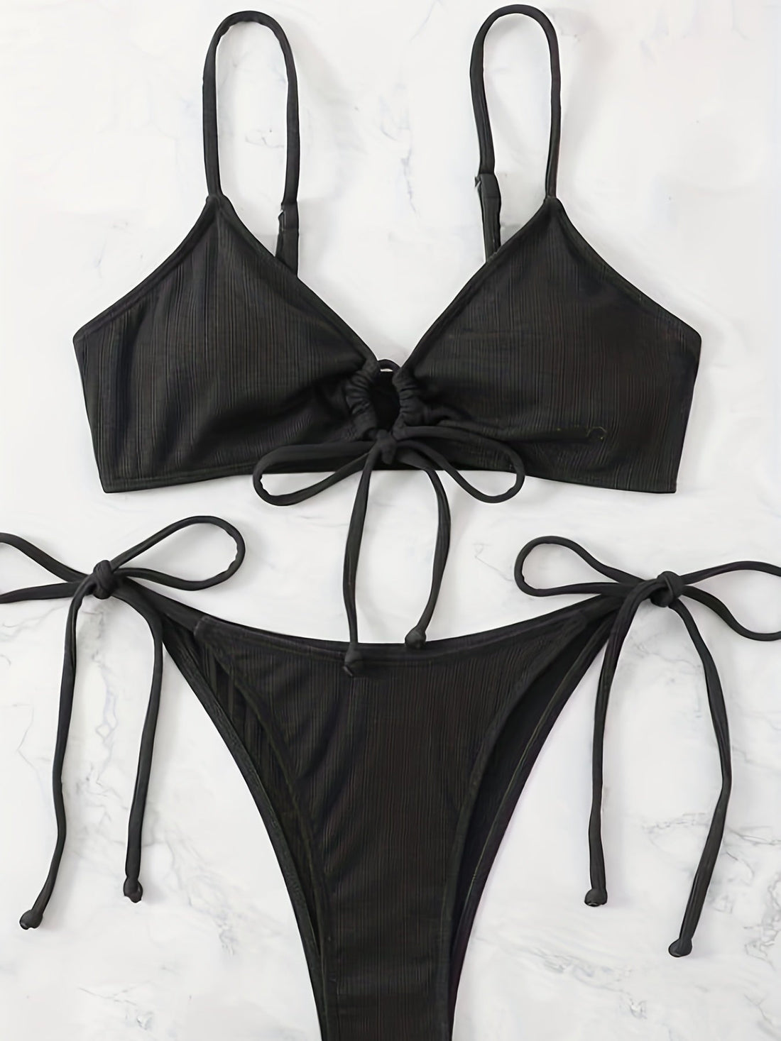 Bikini Solid Rib Knit 2 Piece Swimsuit – Ring Link Tie Front Triangle Bikini Set for Women – Hollow Out High Stretch V-Neck Top with Tie Side Bottoms – Trendy Beach & Pool Swimwear for Summer