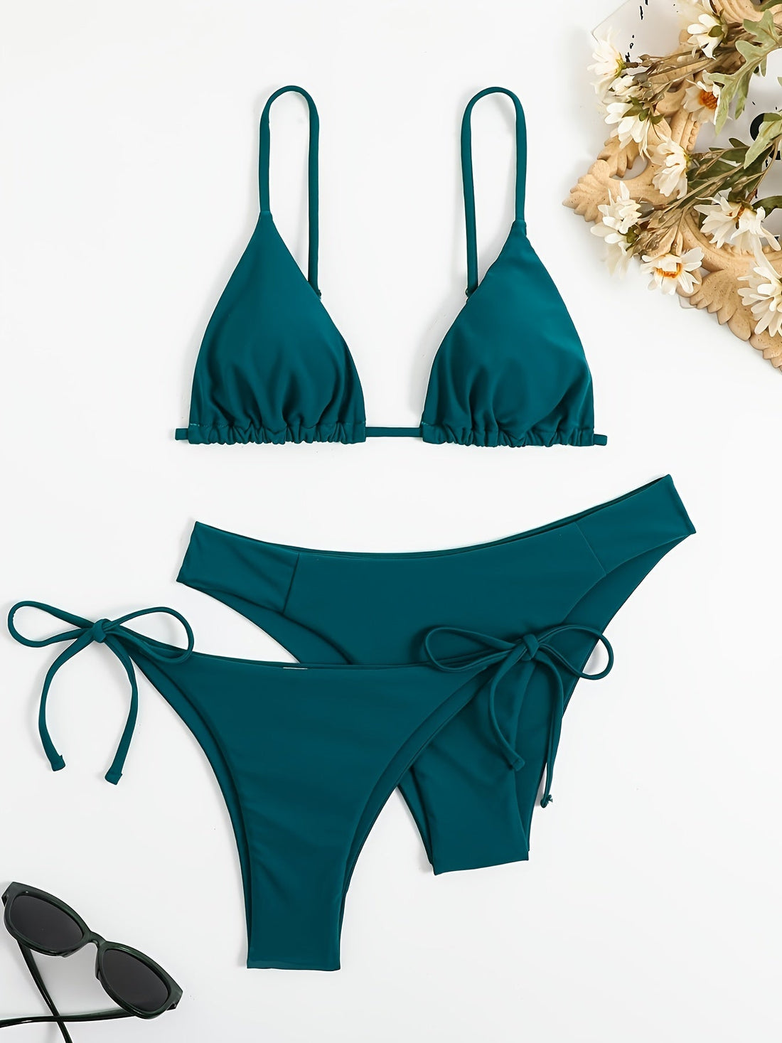 Essential Edge 3-Piece Bikini Set for Women – Solid Color High-Cut Triangle Top Two-Style Bottoms with Side Lace-Up Design & Quick-Drying Comfort – Versatile Women's Swimwear for Summer Pool Beach & Travel