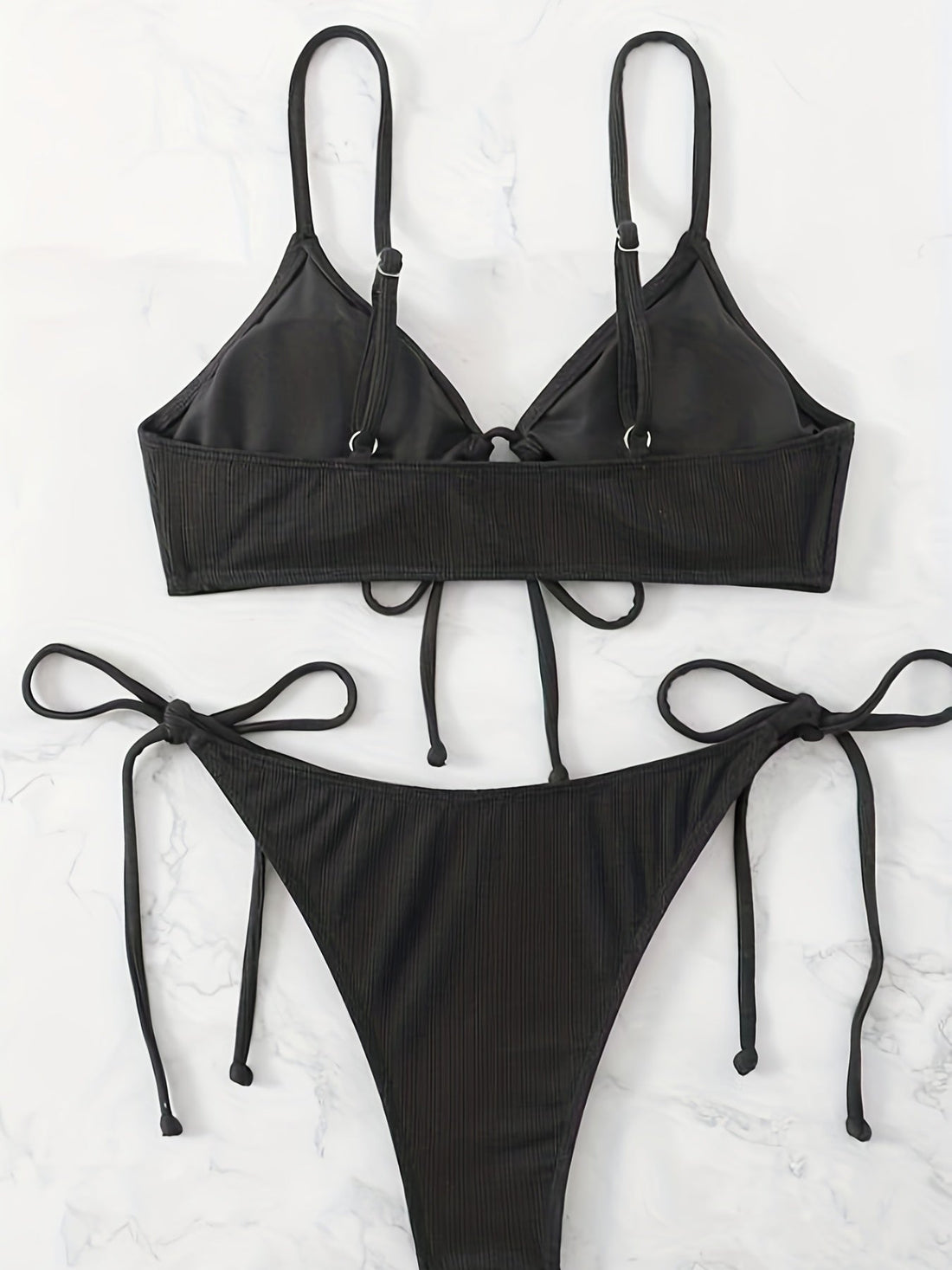 Bikini Solid Rib Knit 2 Piece Swimsuit – Ring Link Tie Front Triangle Bikini Set for Women – Hollow Out High Stretch V-Neck Top with Tie Side Bottoms – Trendy Beach & Pool Swimwear for Summer