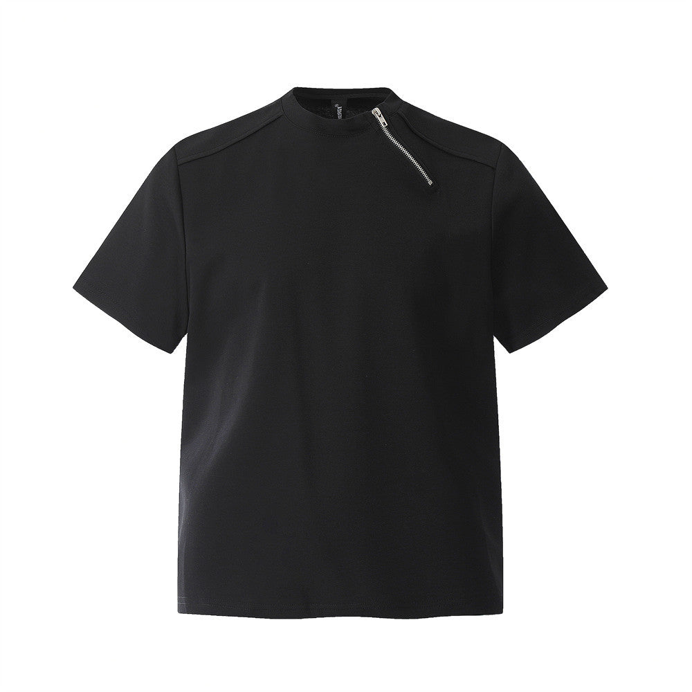 Men’s Heavyweight Zipper Loose Round Neck Casual Short Sleeve Tee