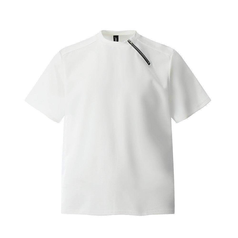 Men’s Heavyweight Zipper Loose Round Neck Casual Short Sleeve Tee