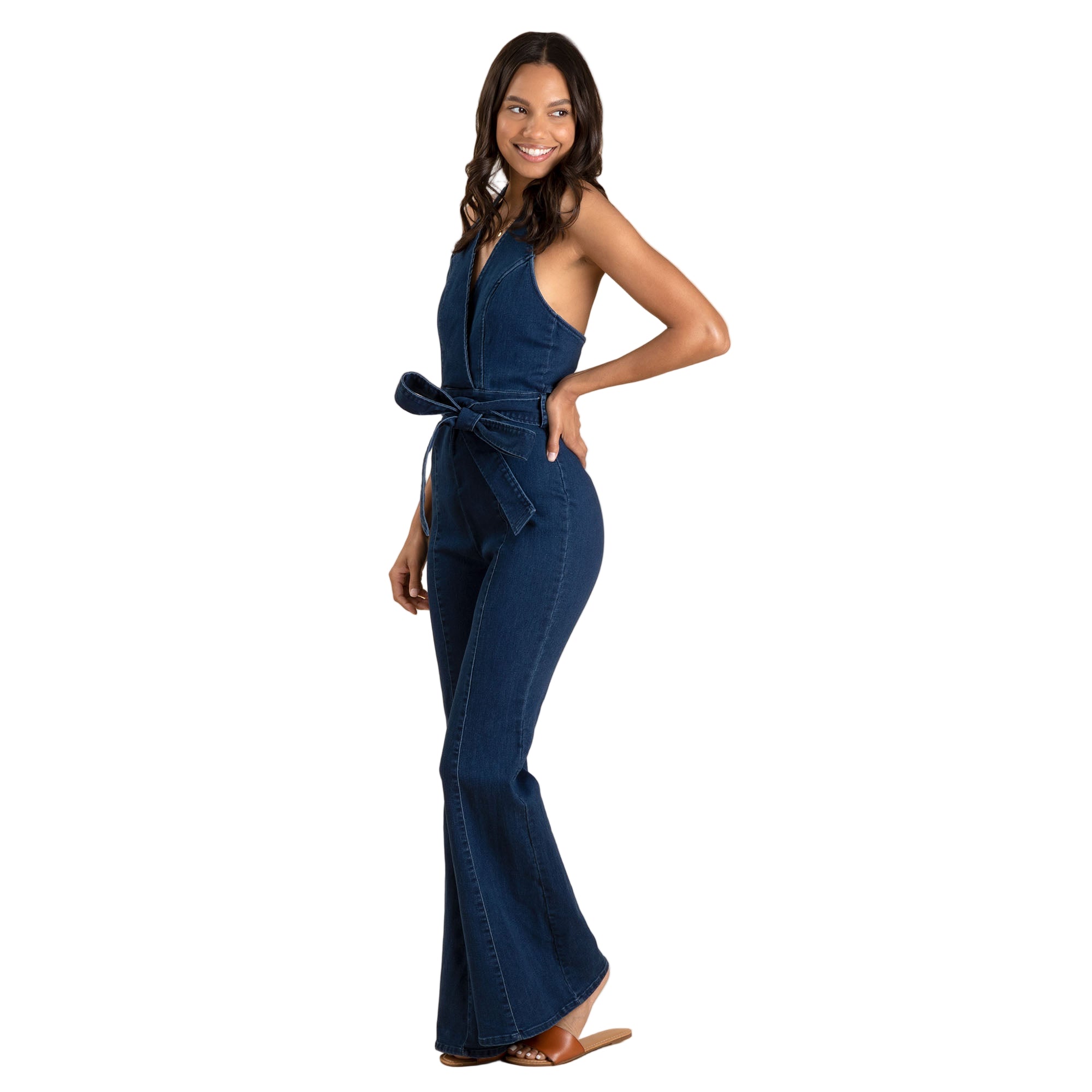 V-Neck Halter Dark Denim Jumpsuit