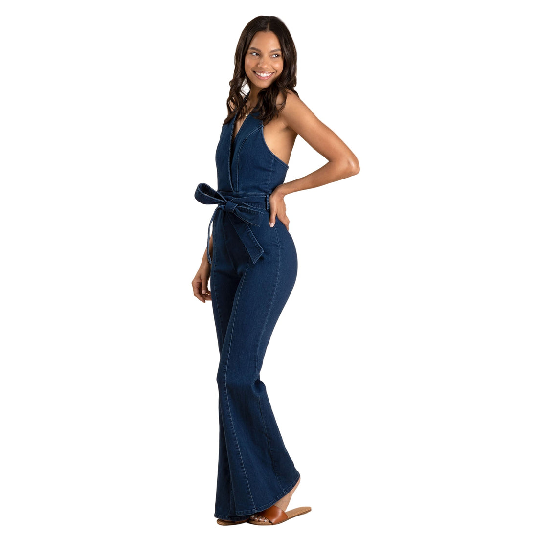 V-Neck Halter Dark Denim Jumpsuit