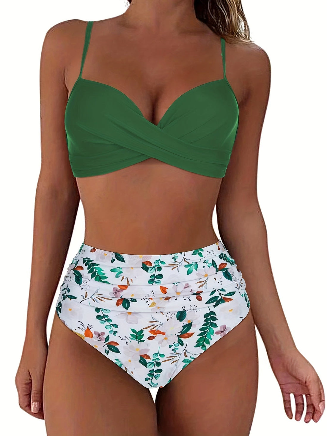 Tropical Vibe High Waist Bikini Set – Flirty V-Neck Swimsuit with Layered Colorblock High Cut Bottom Crisscross Strap Detail & Ultra-Stretch Comfort – Women's Two Piece Swimwear for Summer Beach Pool & Vacation Fun