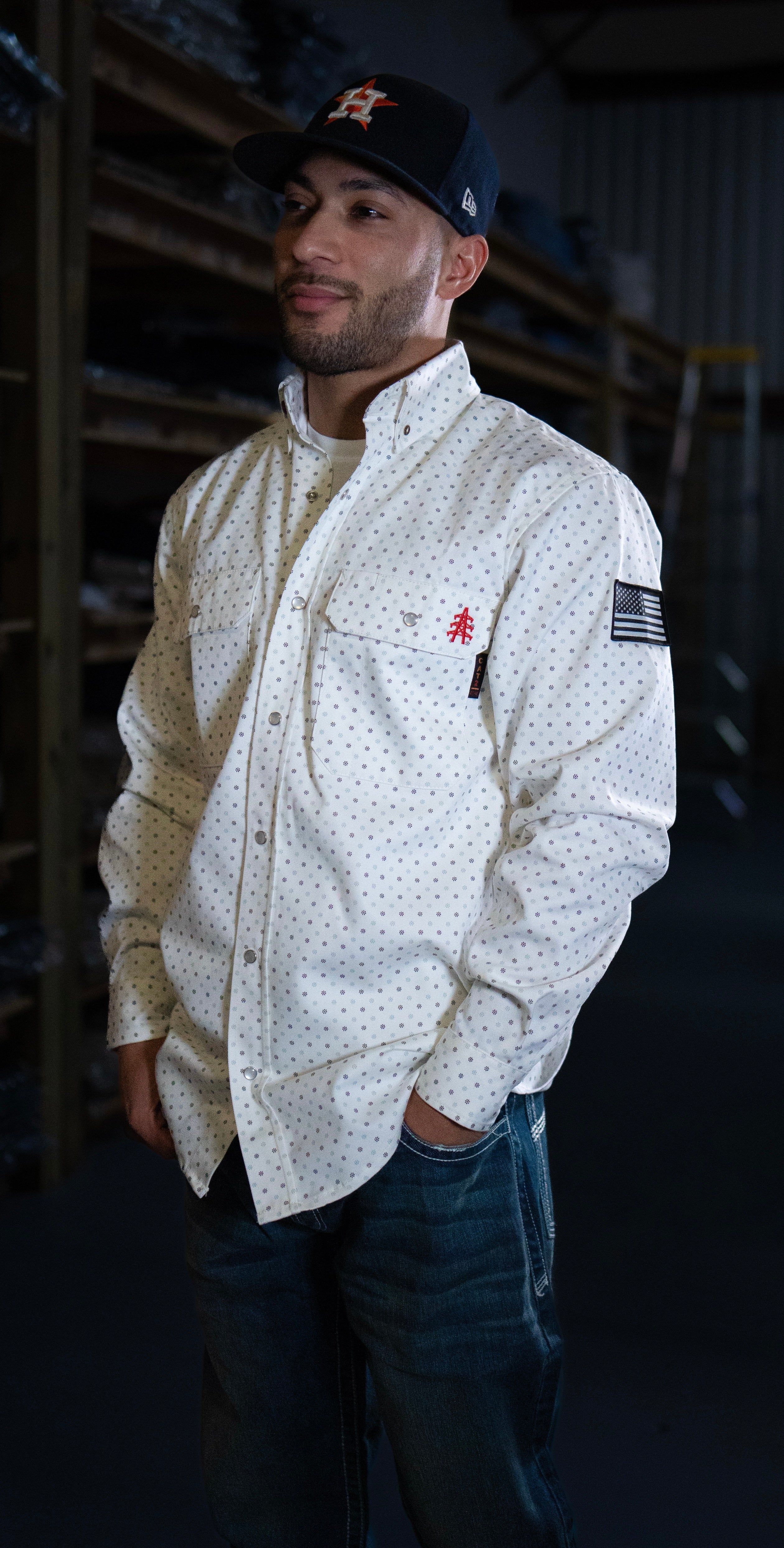 FR Pearl Snap Work Shirt - Phantom White - With U.S Flag