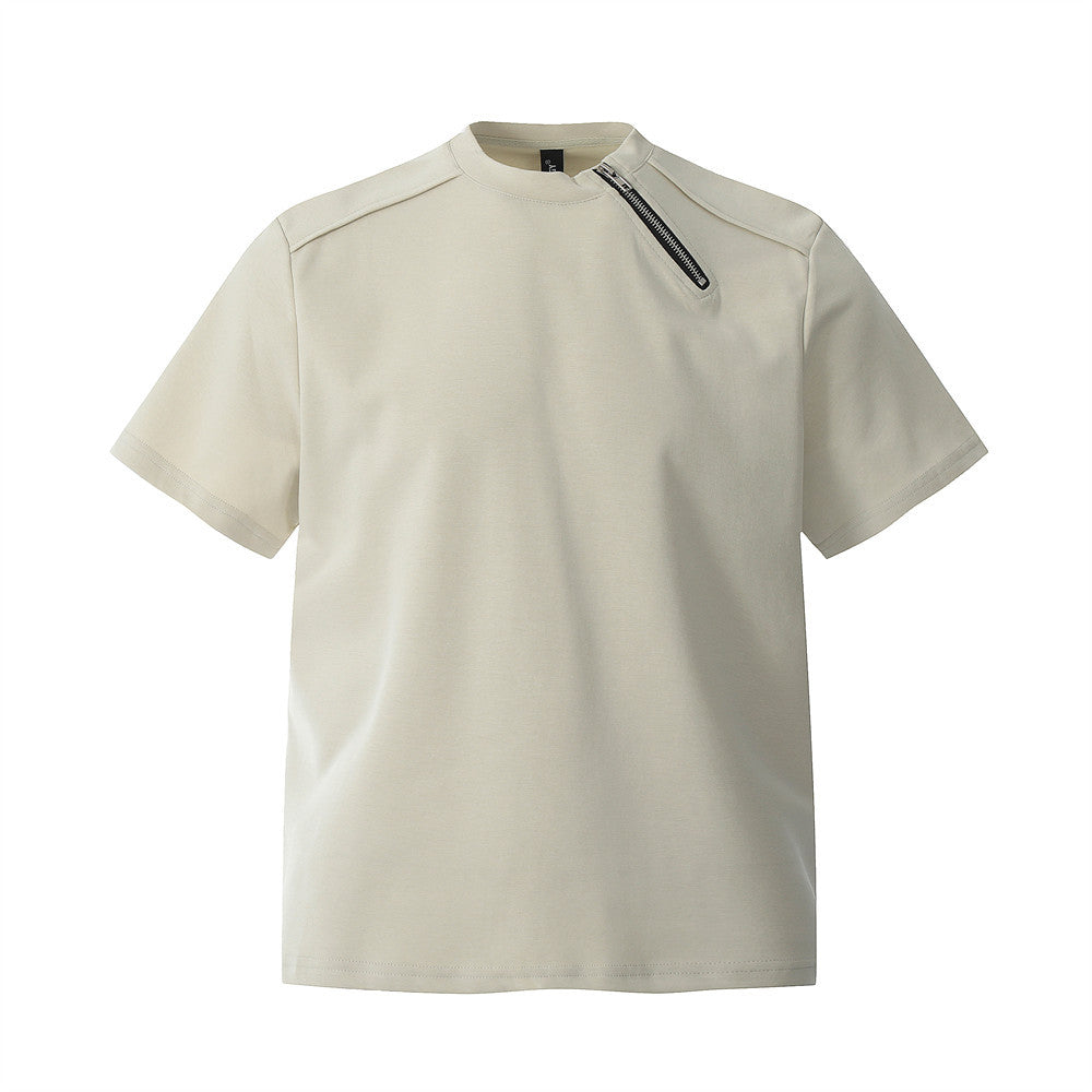 Men’s Heavyweight Zipper Loose Round Neck Casual Short Sleeve Tee