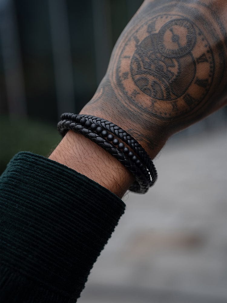 Stacked Black Leather & Black Onyx Bead Bracelet