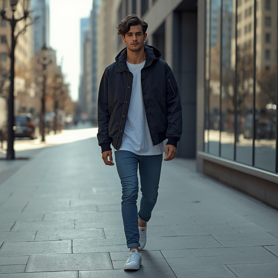Man walking city street in black hooded bomber jacket jeans