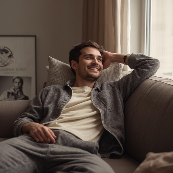 Smiling man in gray jacket relaxing on sofa by bright window