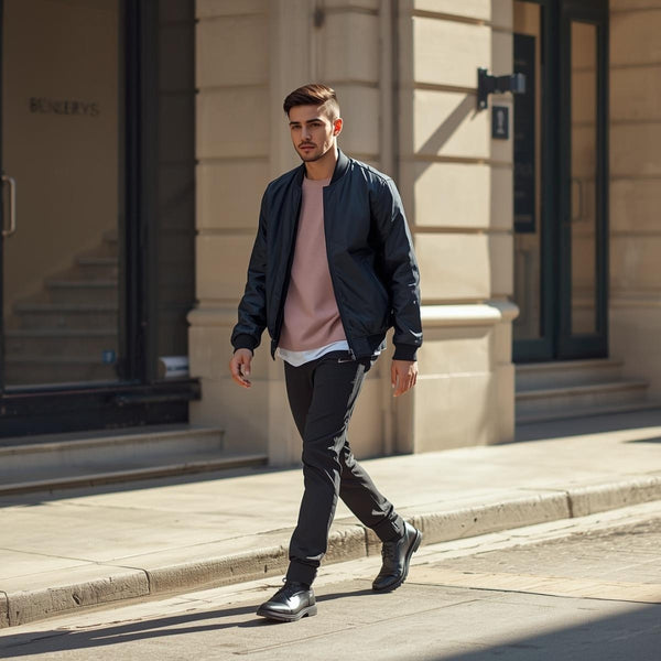 Man in navy bomber jacket walking confidently on sunny urban street