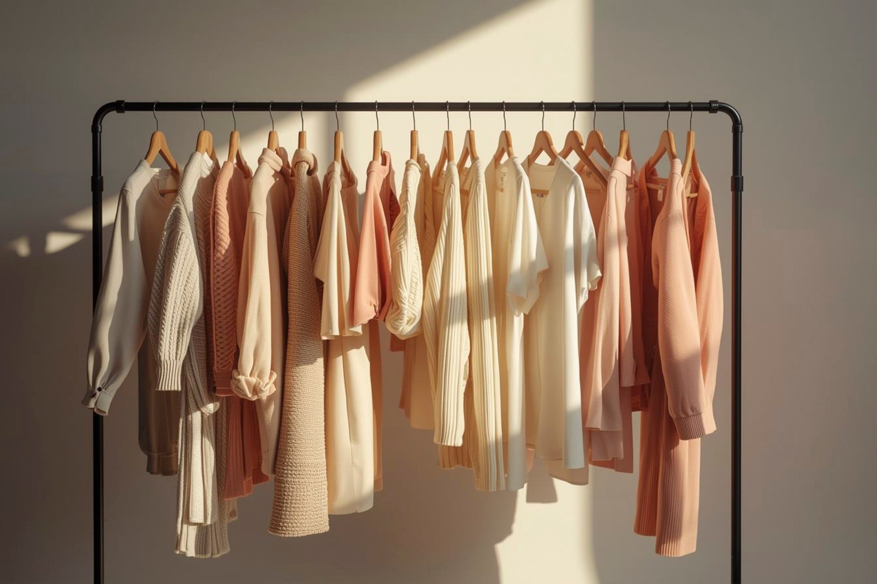 Pastel pink and cream knitwear hanging on minimalist clothing rack