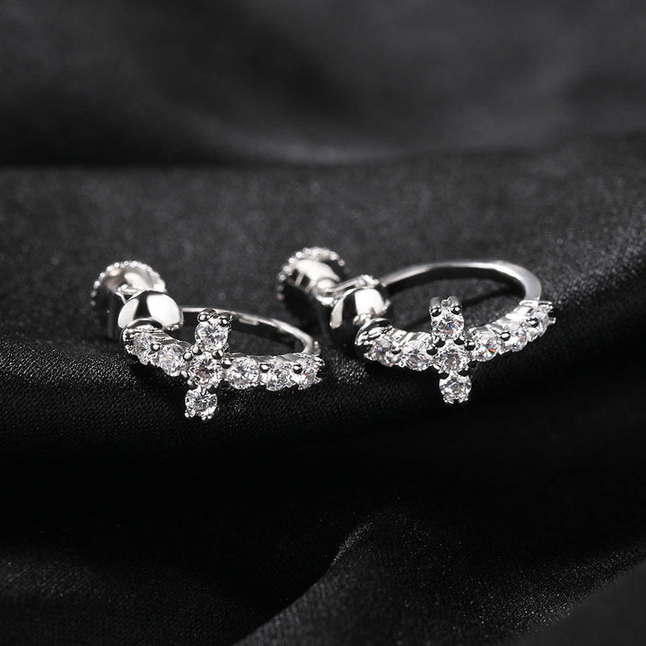 Hip Hop Zircon Black Spiral Clasp Cross Earrings