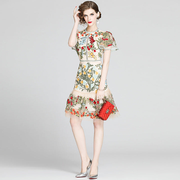 Short-sleeved mesh ruffle dress