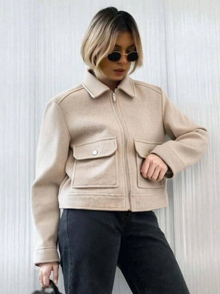 SLTNX Women's Zipper Jacket Coat New Winter Long Sleeve Pocket Outerwear Coat Short Street Elegant Women's Jacket
