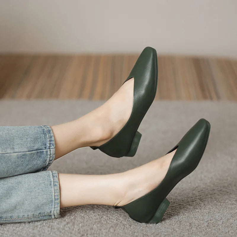 Woman Elegant Summer French Square Toe Green Mary Janes Cute Casual Flats Female Retro Shoes Low Heeled Soft Soled Flat Shoes
