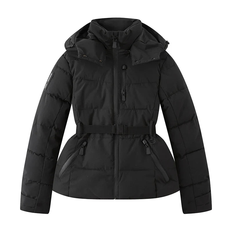 Women's Winter Hooded High Waist Padded Sport Parkas Coats with Belt Female Elegant Thick Warm Pockets Windproof Skiing Jackets