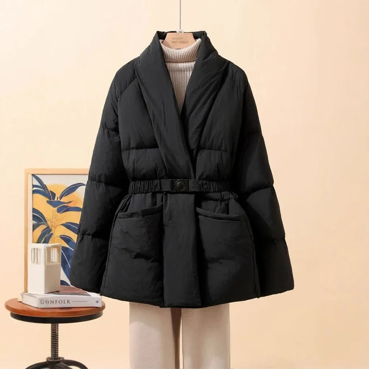 New Fashion Temperament Cotton Coat Women Winter Warm Solid Color V-neck Gathered Waist Jacket Coats Parkas with Belt