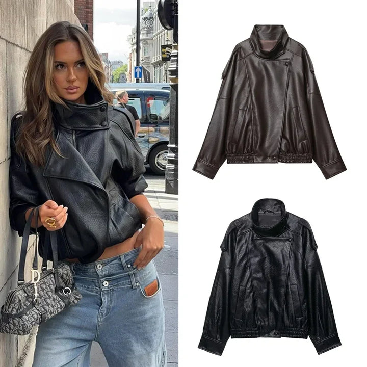 Women's Faux Leather Jacket New Fashion Long Sleeve Versatile Jacket Personality Chic Women Coat Autumn Winter Ladies Outerwear