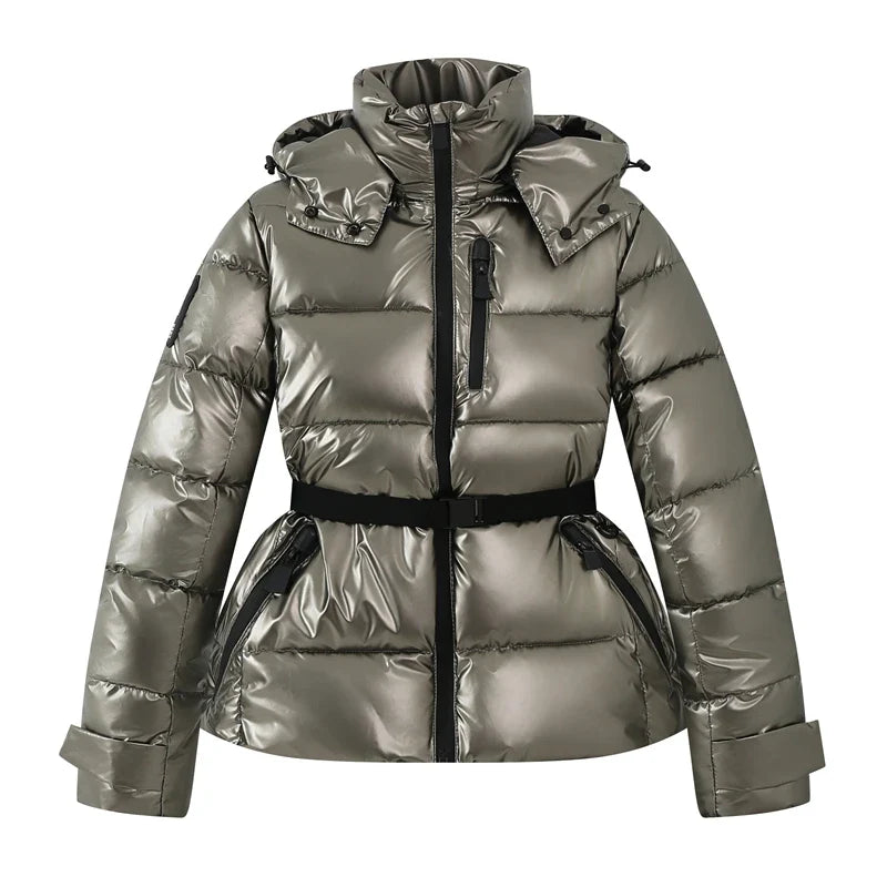 Women's Winter Hooded High Waist Padded Sport Parkas Coats with Belt Female Elegant Thick Warm Pockets Windproof Skiing Jackets