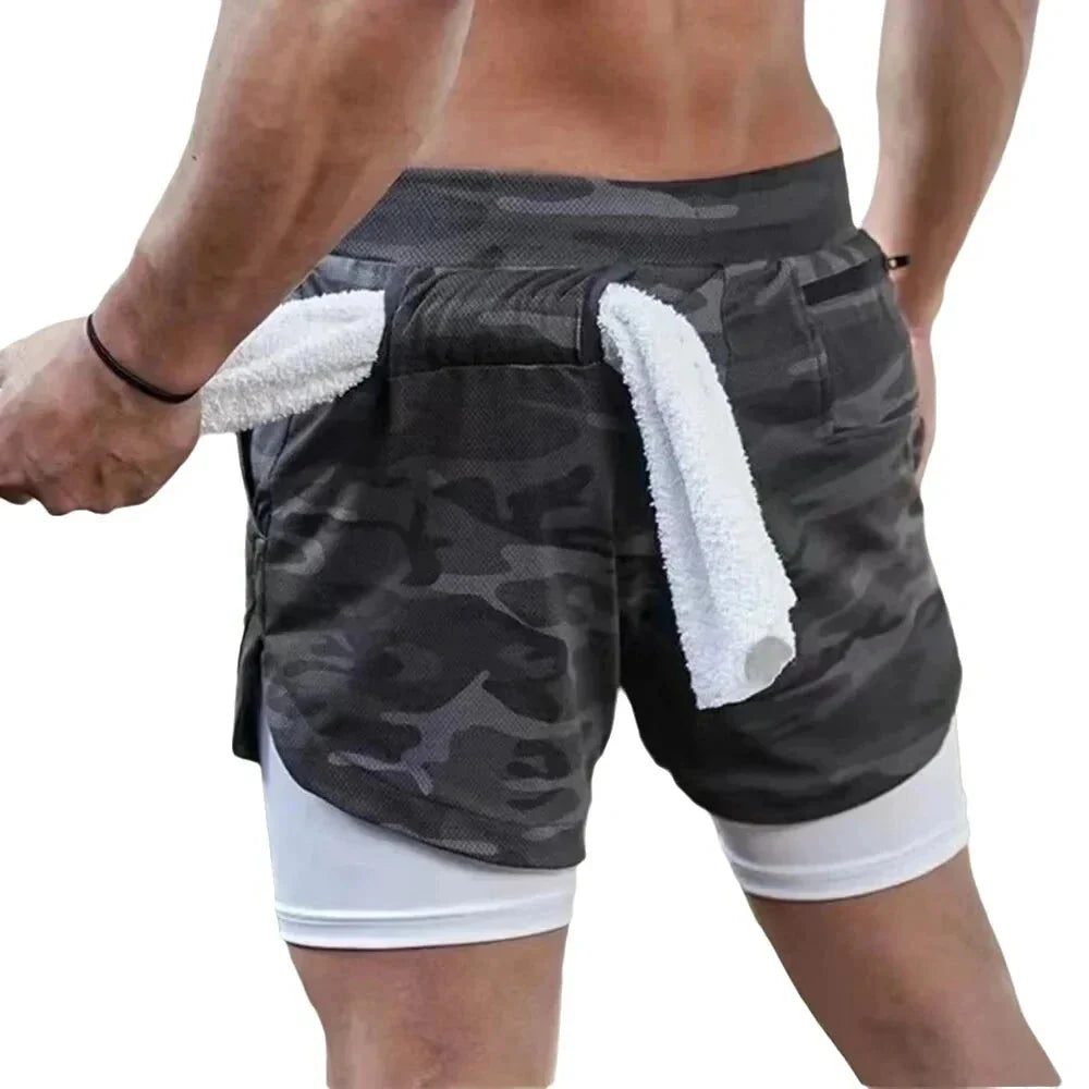 Men’s 2-in-1 Camo Quick-Dry Compression Running Workout Shorts