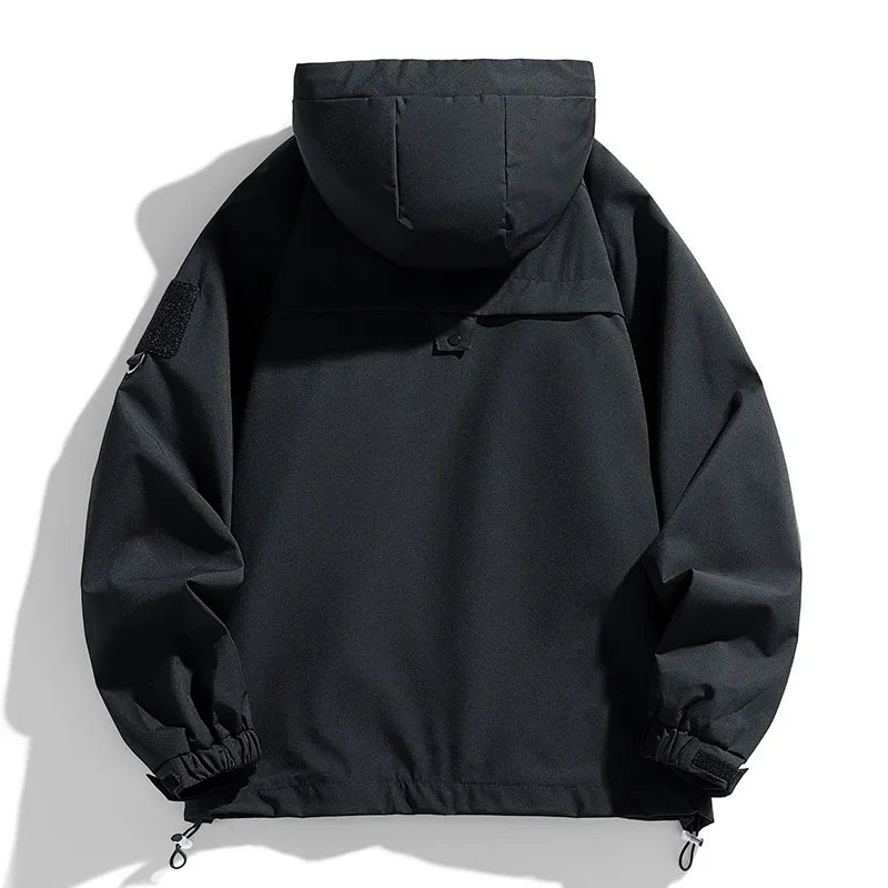 Windbreakers Men Hooded Jacket Zipper Coat Cargo Waterproof Black Bomber Camping Loose Thin Softshell Hooded Hiking Jacket