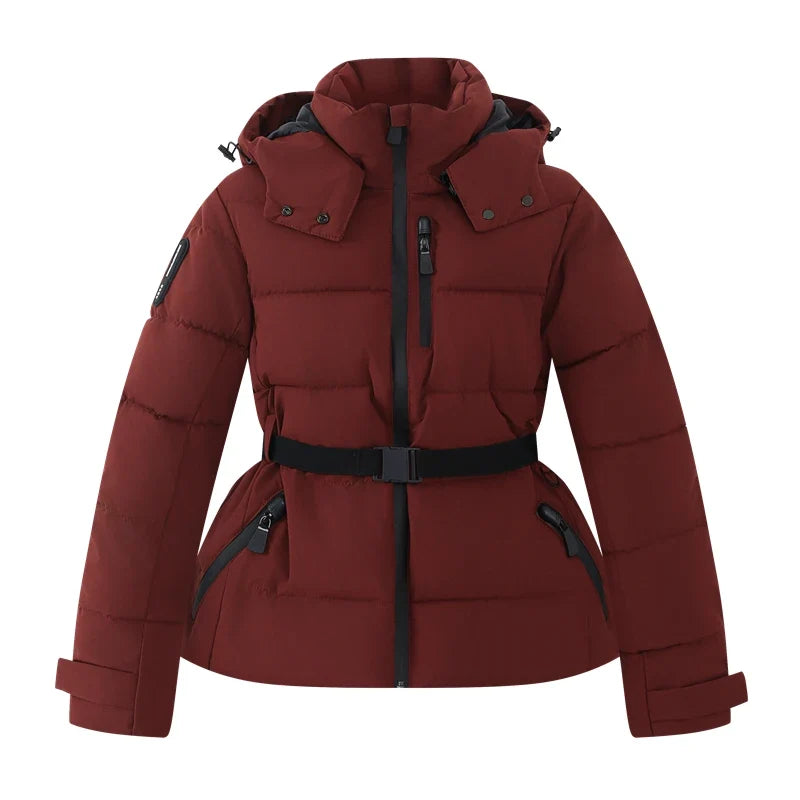 Women's Winter Hooded High Waist Padded Sport Parkas Coats with Belt Female Elegant Thick Warm Pockets Windproof Skiing Jackets