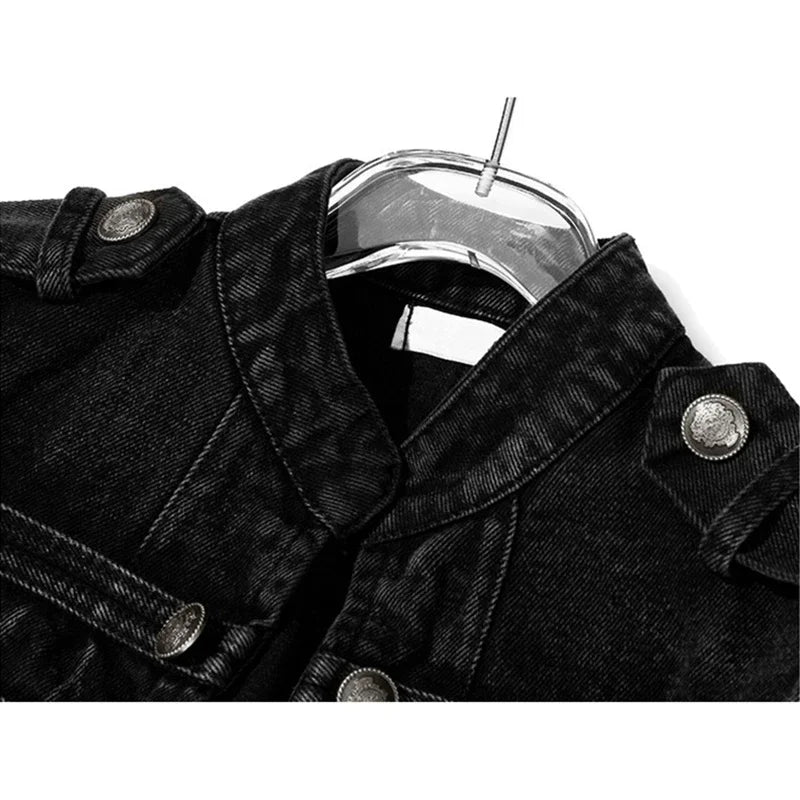 Streetwear Casual Loose Button Split Short Denim Jacket Women Fashion Spring Autumn 2026 Stand Collar Long Sleeve Jean Jacket