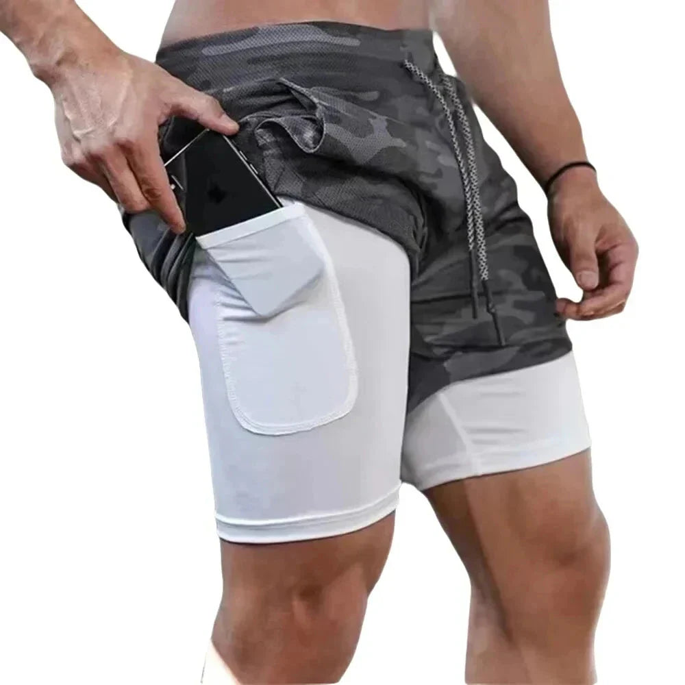Men’s 2-in-1 Camo Quick-Dry Compression Running Workout Shorts