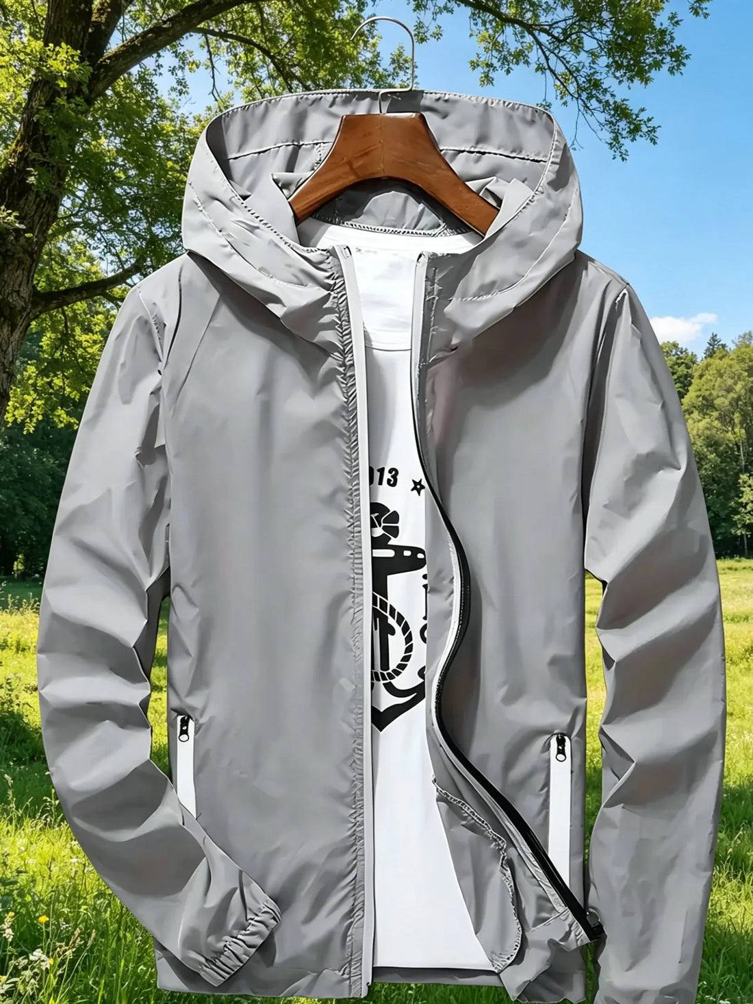 Men's Premium Lightweight Hooded Windbreaker, Quick-Dry Full-Zip Casual Jacket with Zipper Pockets for Street & Outdoor Wear