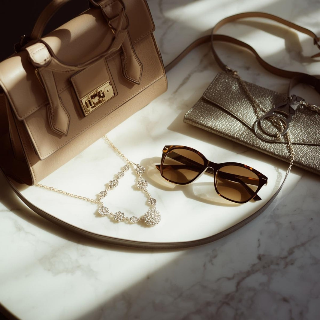 Beige handbag, sunglasses, and necklace on a marble surface