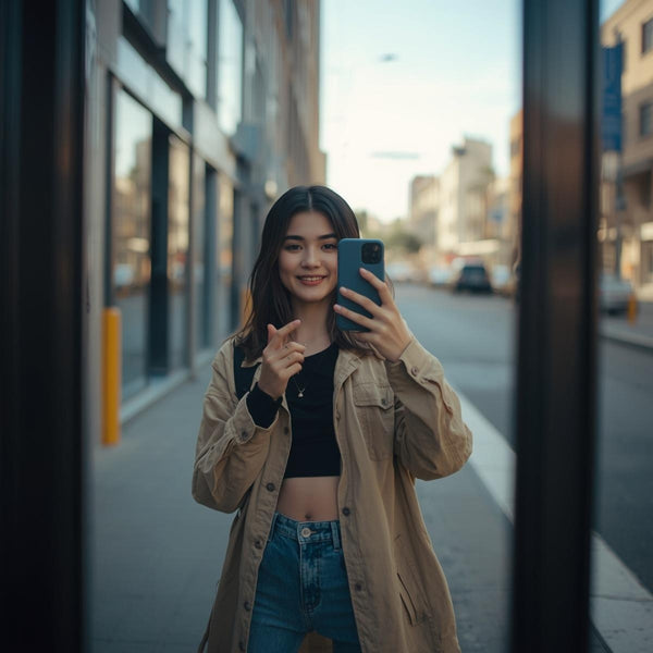 Smiling woman in beige trench coat taking selfie on city street
