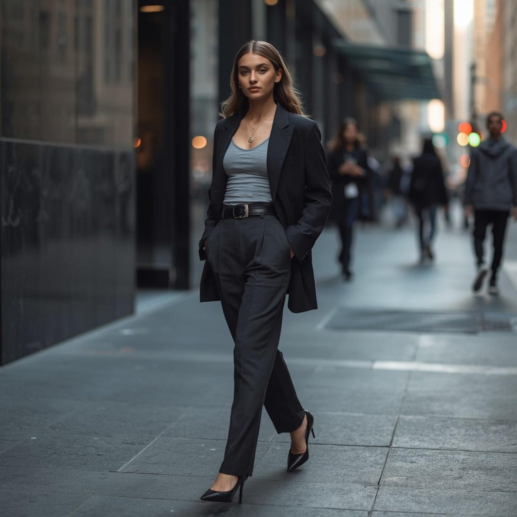 Woman in black oversized blazer suit walking urban city street