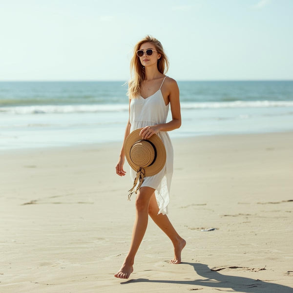 Blonde woman in white sundress walking barefoot on sunny beach