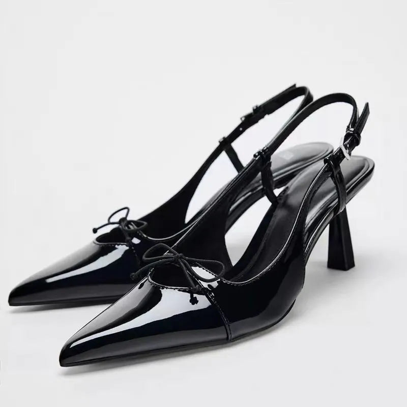 Black Patent Leather Bow Pointed Thin Heel Women’s Sandals