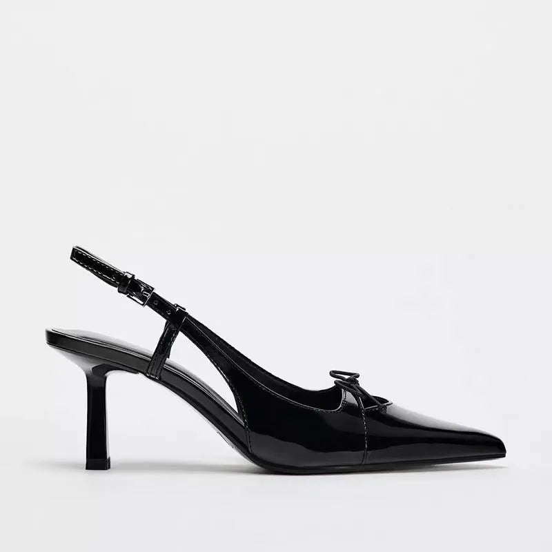 Black Patent Leather Bow Pointed Thin Heel Women’s Sandals