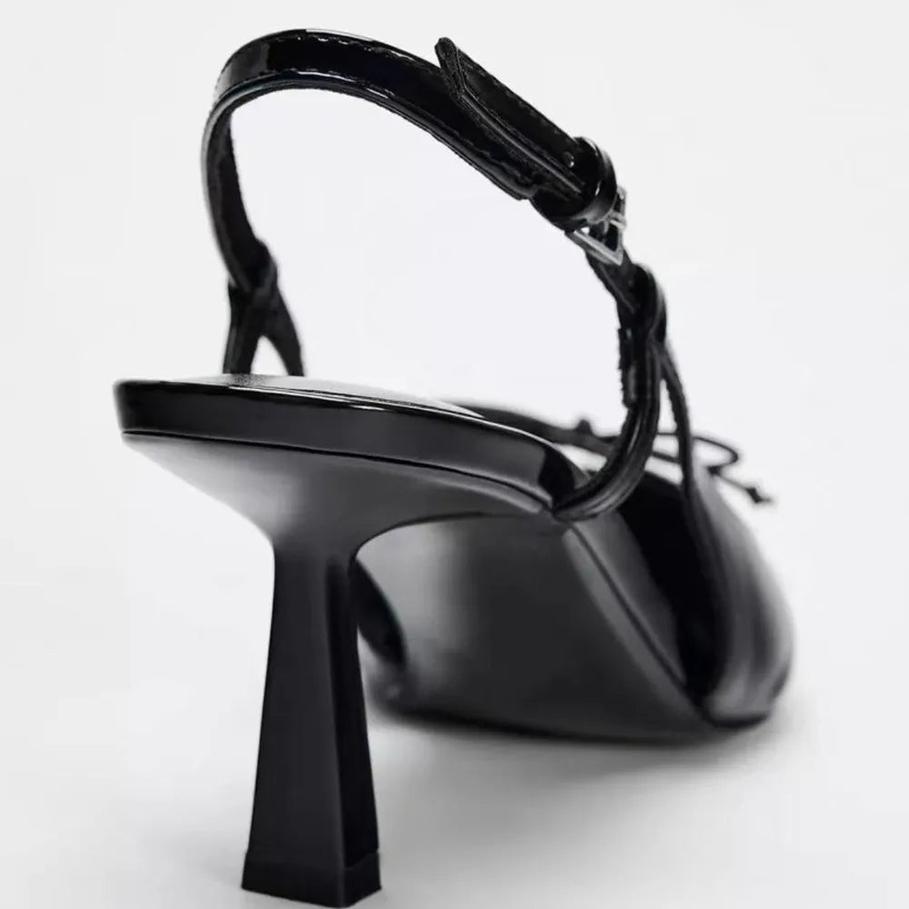 Black Patent Leather Bow Pointed Thin Heel Women’s Sandals