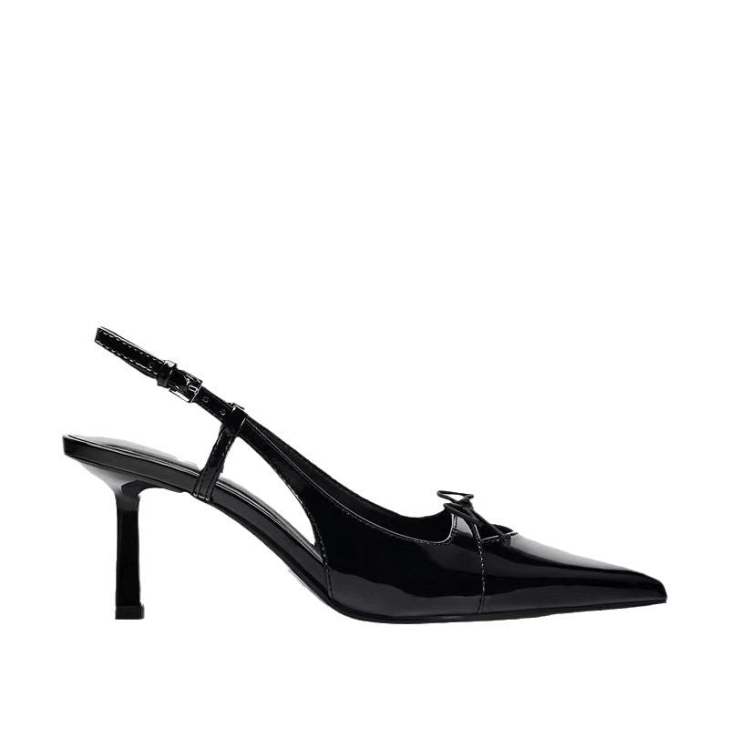 Black Patent Leather Bow Pointed Thin Heel Women’s Sandals