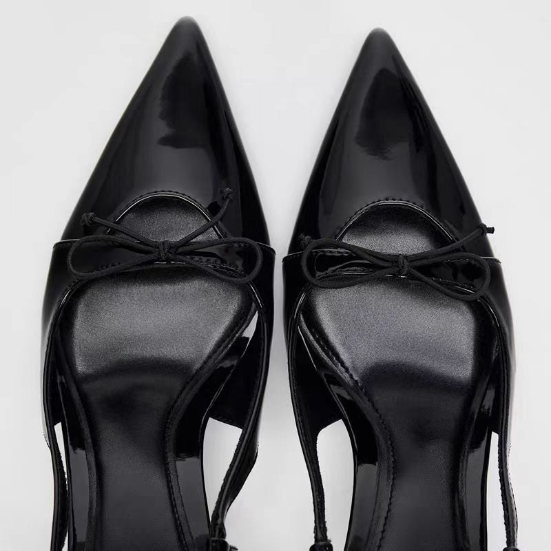 Black Patent Leather Bow Pointed Thin Heel Women’s Sandals