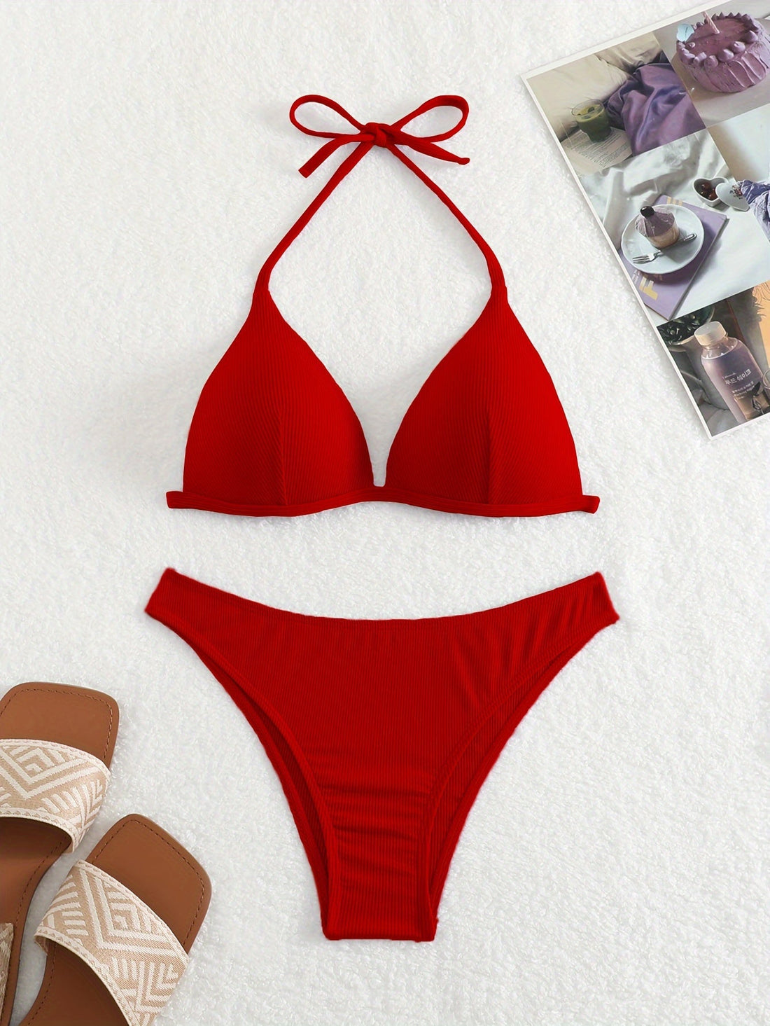 Bikini Rib Knit Solid Color Triangle 2 Piece Swimsuit for Women – Adjustable Tie Back Halter Bikini Set with Spaghetti Straps – High Stretch Polyester Swimwear for Summer Beachwear Poolside Relaxation and Tropical Vacation