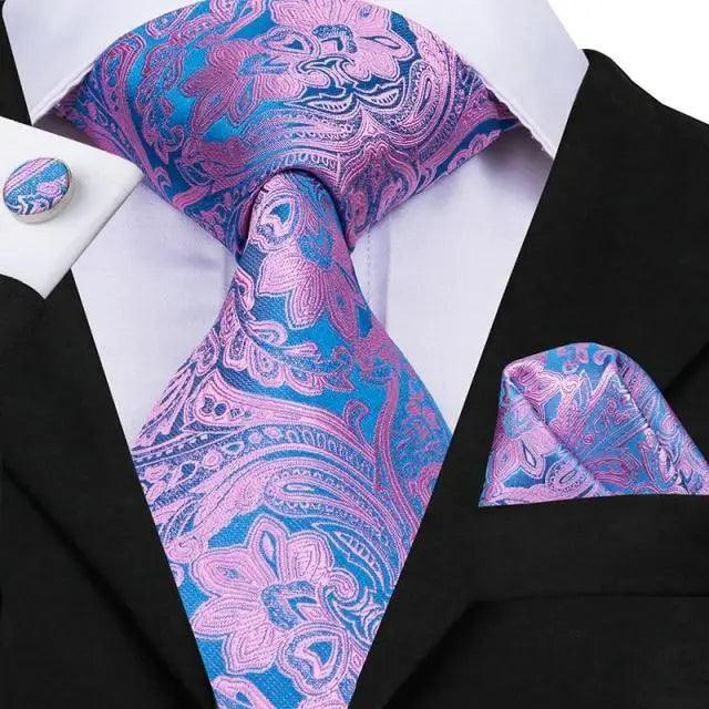 Elegant Pink Silk  Necktie Pocket Square Cufflinks Set Elegant Men's Fashion Wedding Ties For Men And Daily Wear Ties