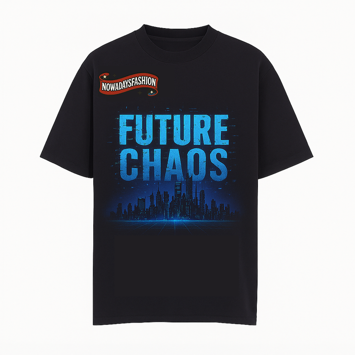 Men's Cyberpunk Graphic T-Shirt – FUTURE CHAOS Neon City Print Black Tee