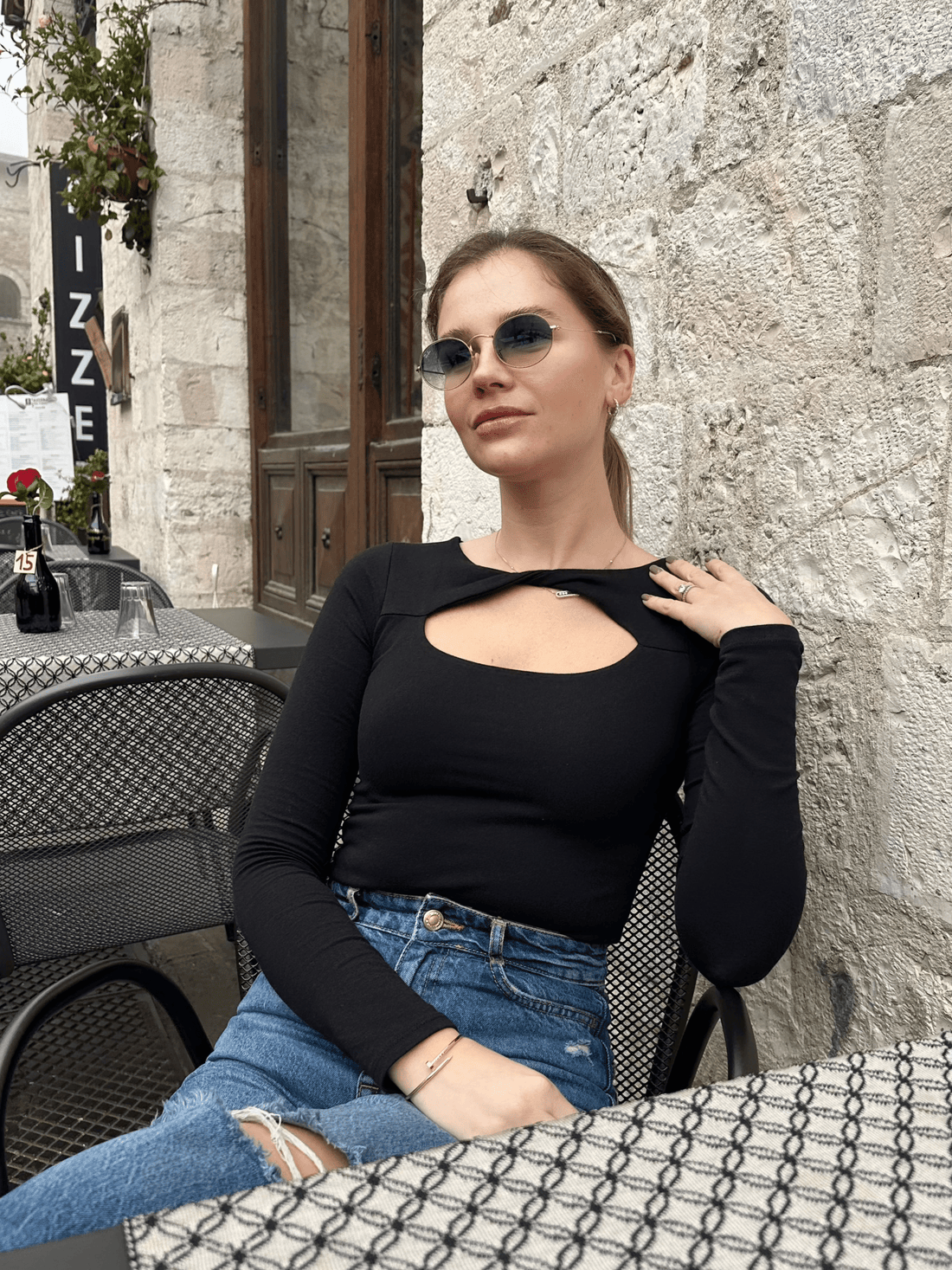 Whitney Cotton Long Sleeve Cutout Twist Bodysuit