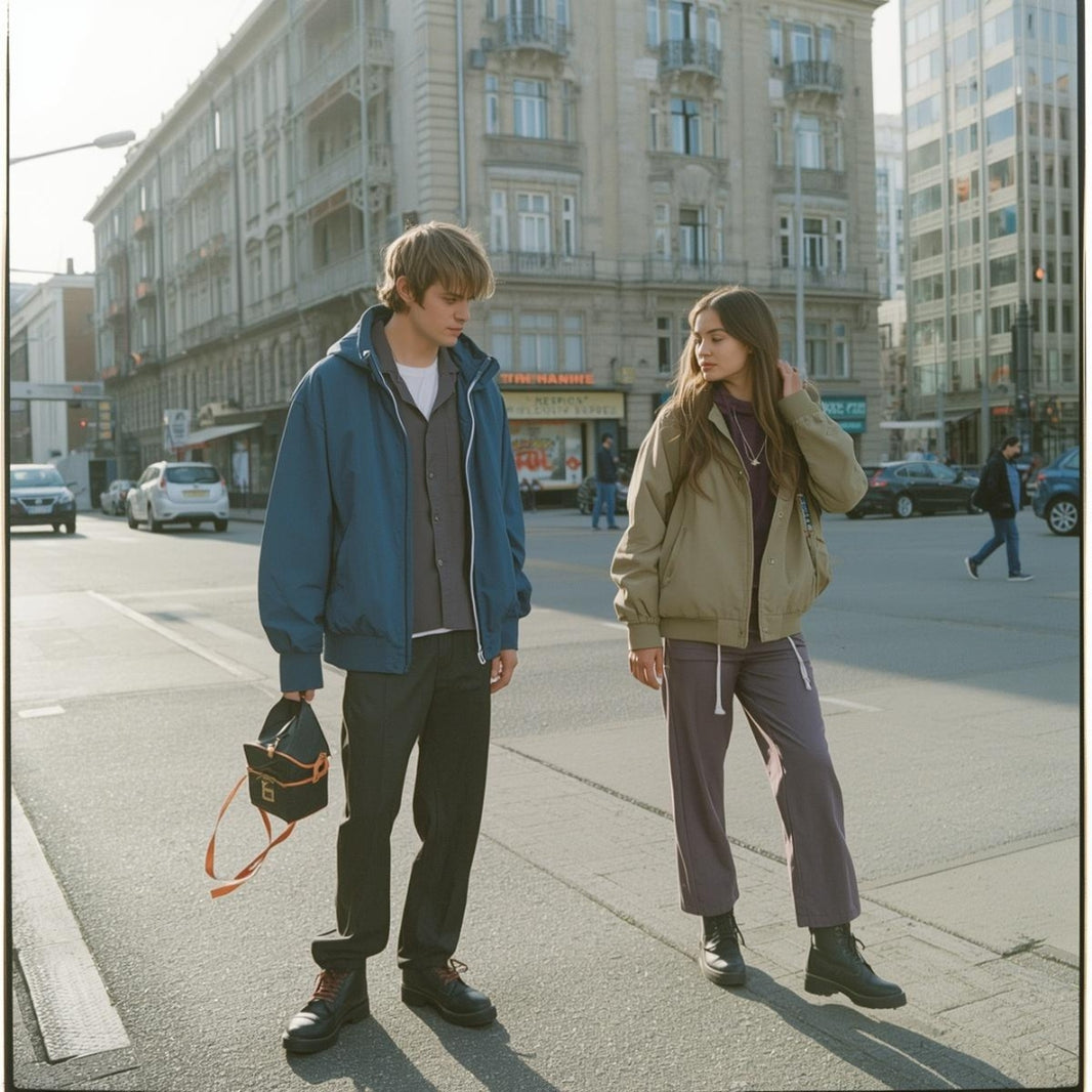 Young couple wearing casual street style outerwear walking in urban city